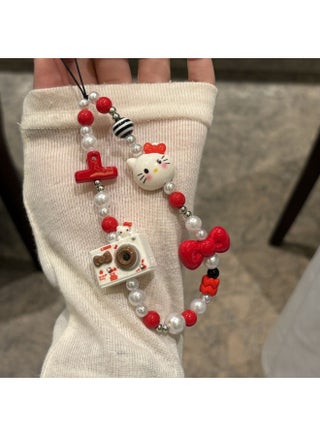 Kawaii Beaded Pearl Phone Charms Strap Cute Kitten Camera Bow Cell Phone Lanyard Wrist Strap - view 4